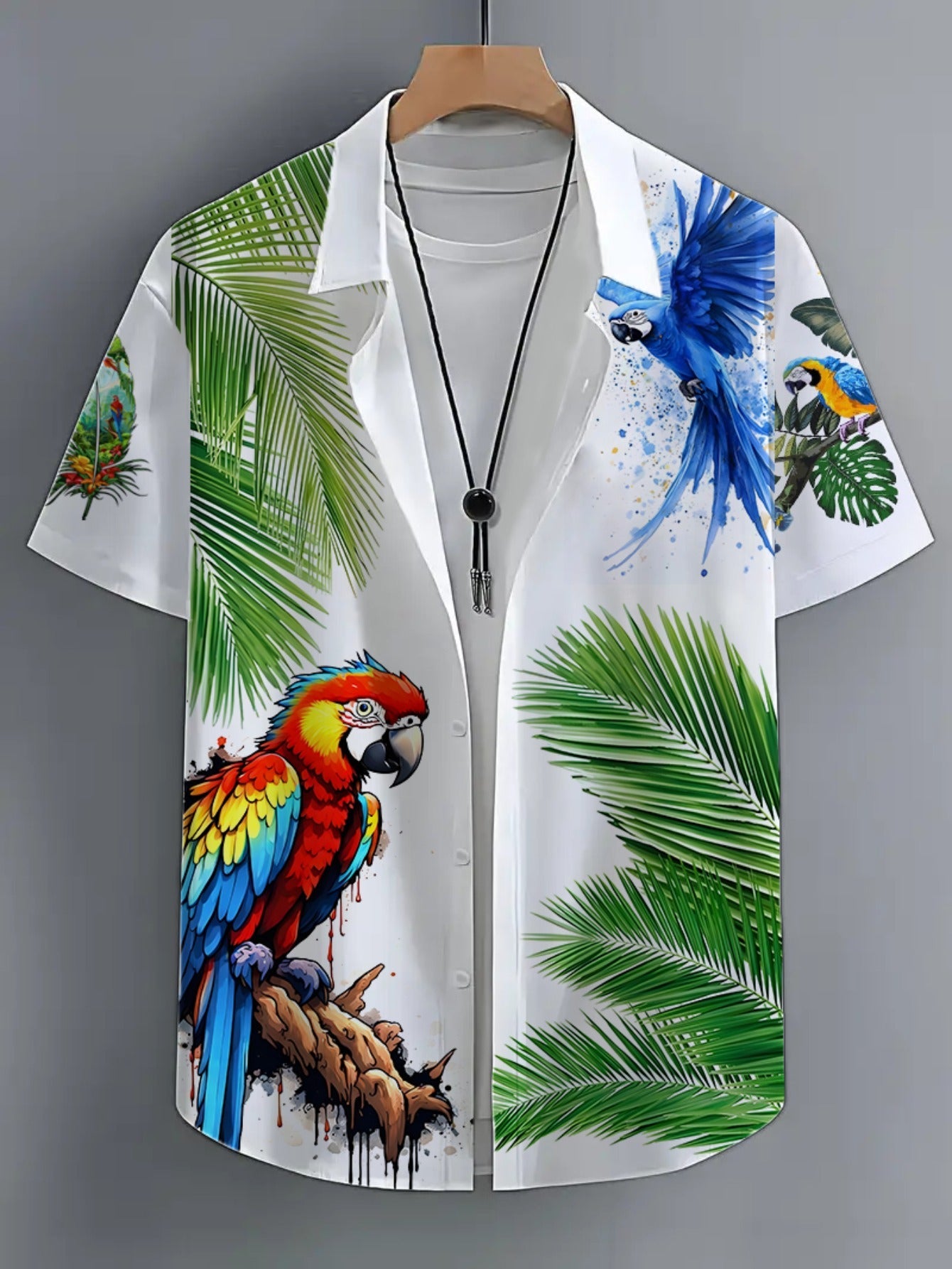 Herren Kurzarm-Hemd mit tropischem Papageien-Print und Palmen – Exotisches Freizeithemd für Strand und Urlaub