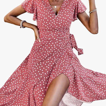 Damen Elegantes Polka-Dot Wickelkleid mit Rüschen – Stilvolles Sommerkleid für Alltag & Freizeit