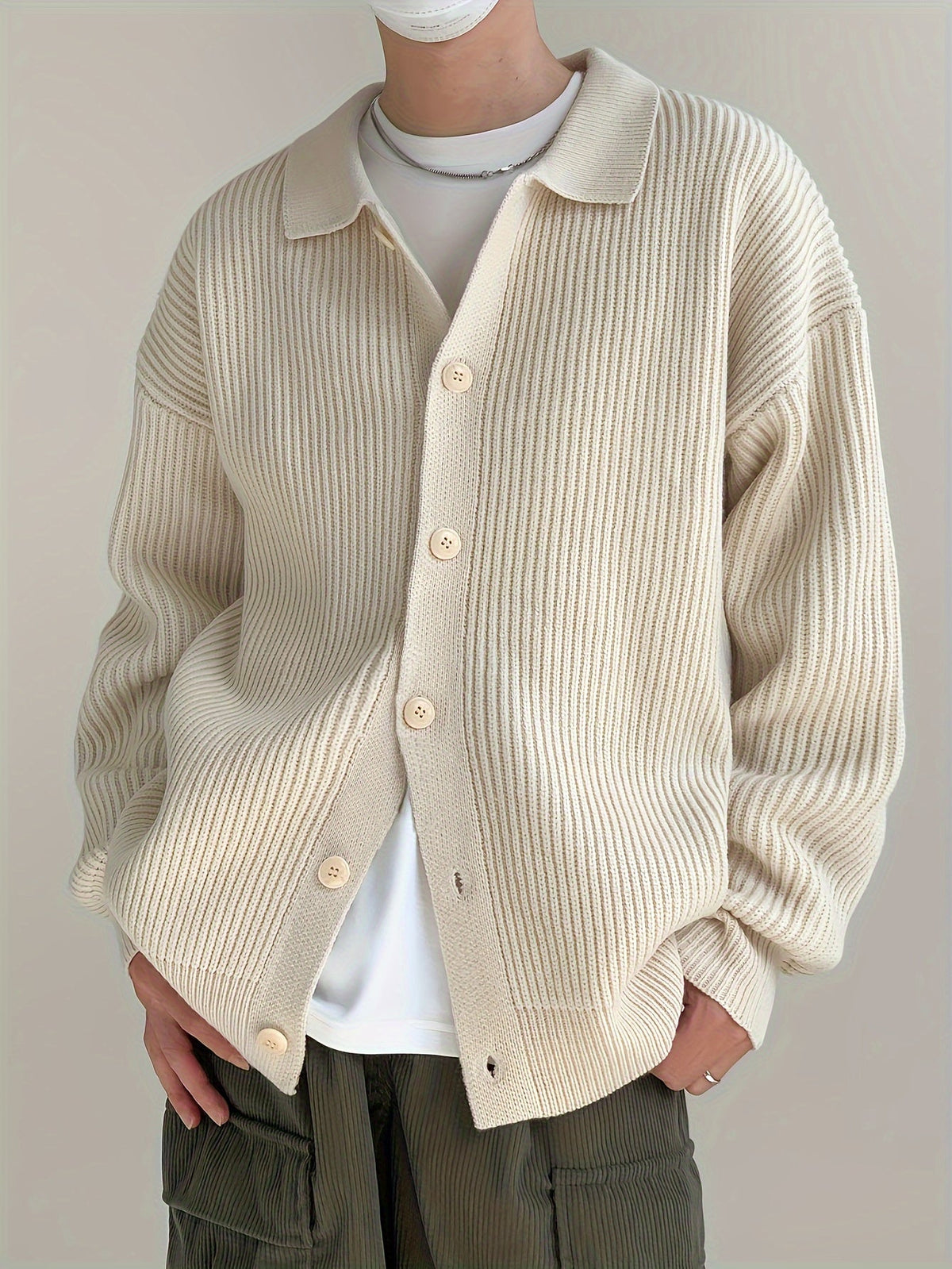 Gerippte Strickjacke mit Kragen für Herren – Beige, Schwarz, Grün