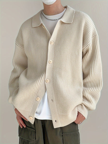 Gerippte Strickjacke mit Kragen für Herren – Beige, Schwarz, Grün