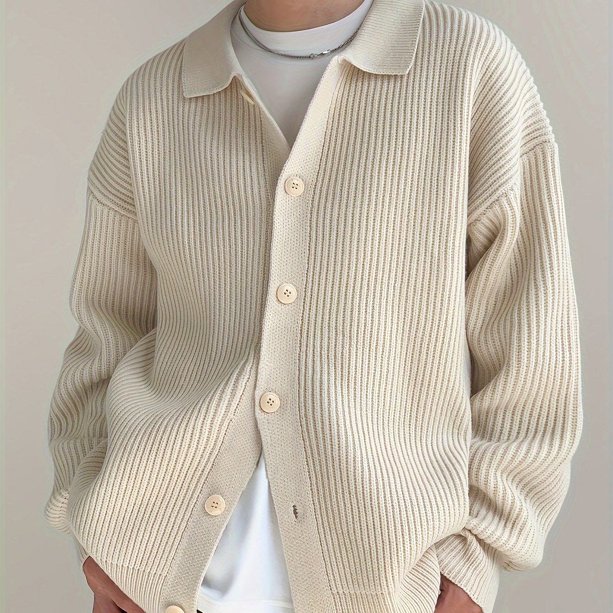 Gerippte Strickjacke mit Kragen für Herren – Beige, Schwarz, Grün