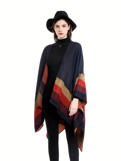 Damen Poncho mit Blockstreifen Wendbar