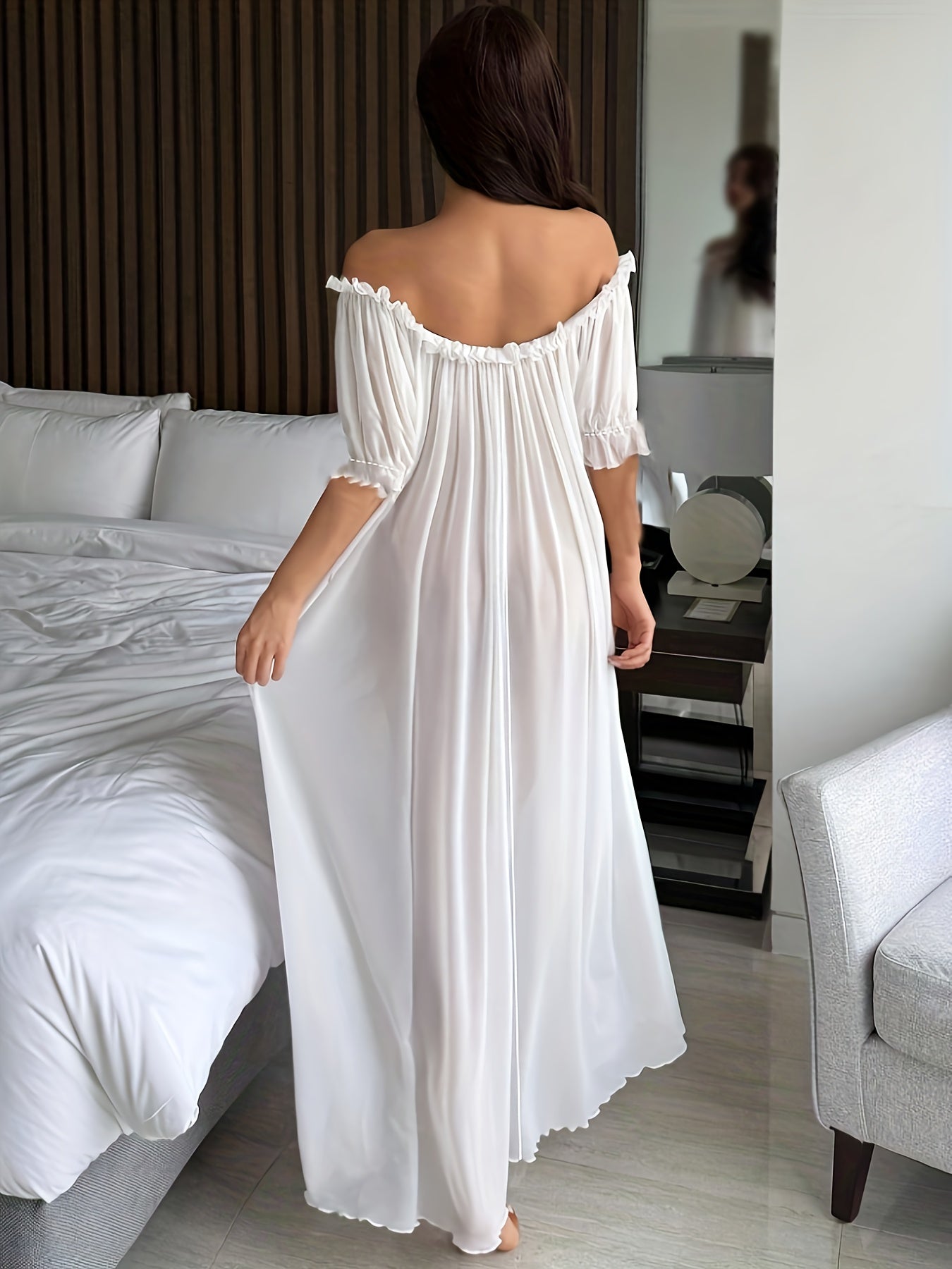 Damen Off-Shoulder Maxikleid Nachtkleid Elegant für Zuhause und Schlafen