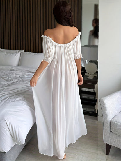 Damen Off-Shoulder Maxikleid Nachtkleid Elegant für Zuhause und Schlafen