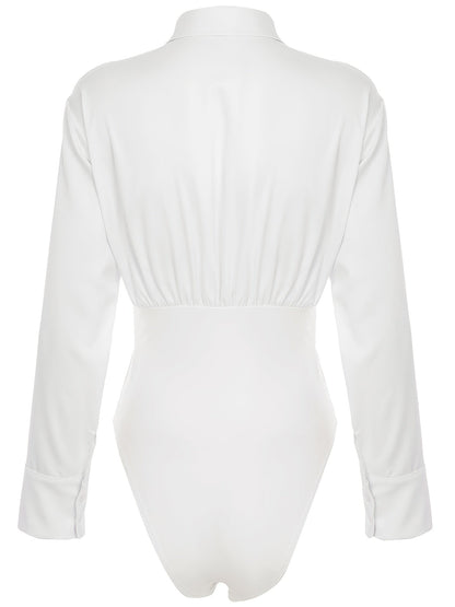 Damen Body Bluse Langarm Hemdblusen-Stil mit geraffter Taille
