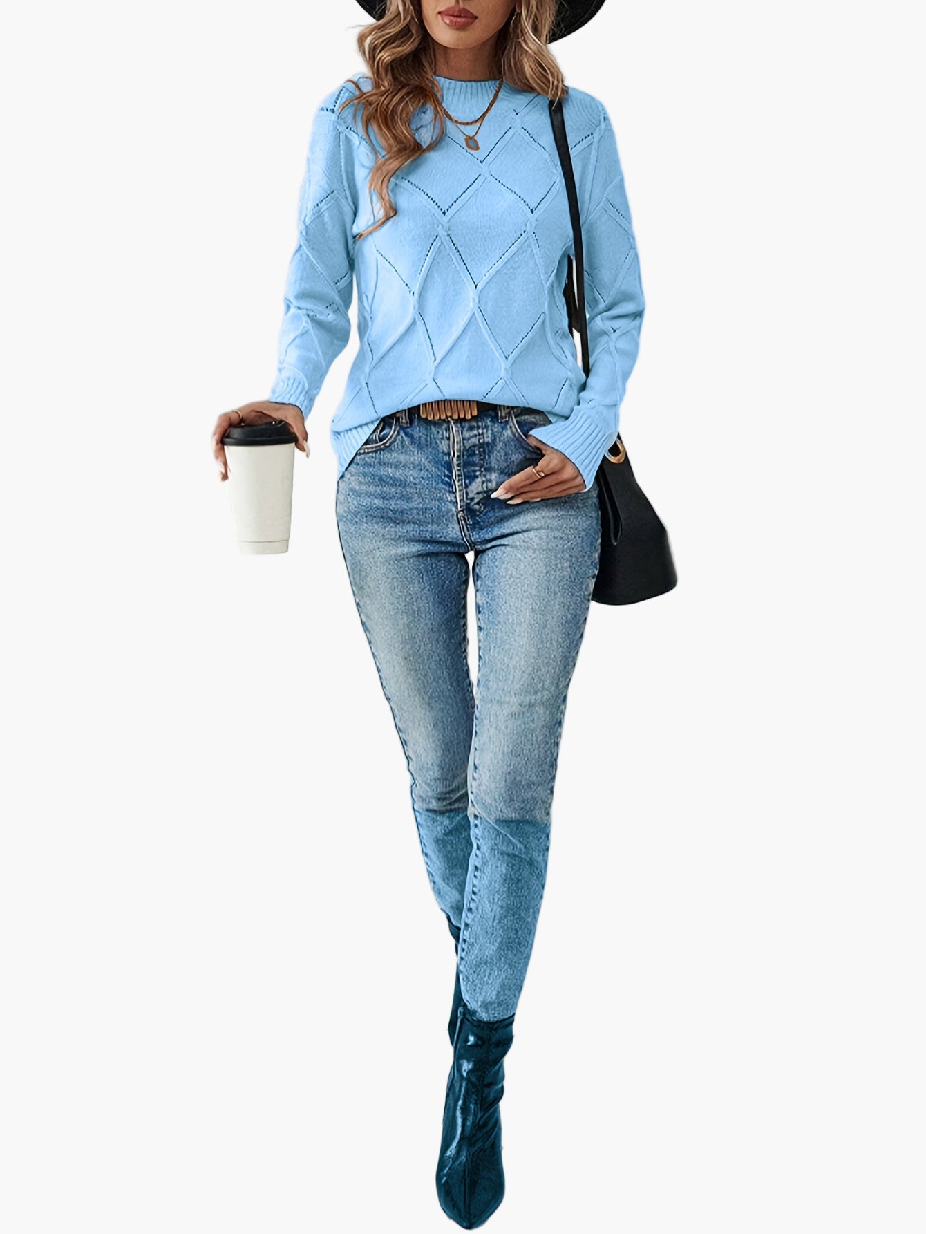 Damen Strickpullover mit Rauten-Muster und elegantem Stil – Perfekt für Alltag und Büro