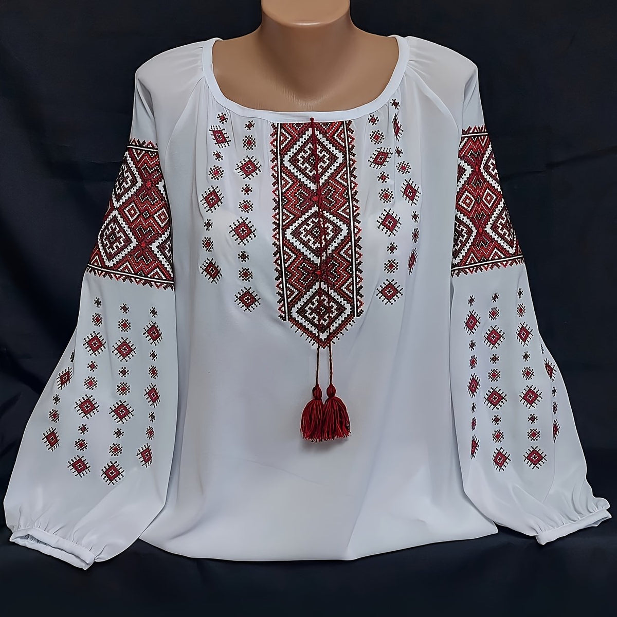Damen Bluse mit Stickerei Weiß Rote Ethno-Muster Lange Ärmel