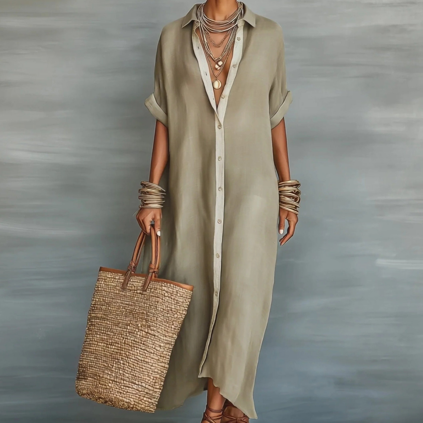 Damen Maxikleid Hemdblusenkleid Elegant Lässig Sommermode