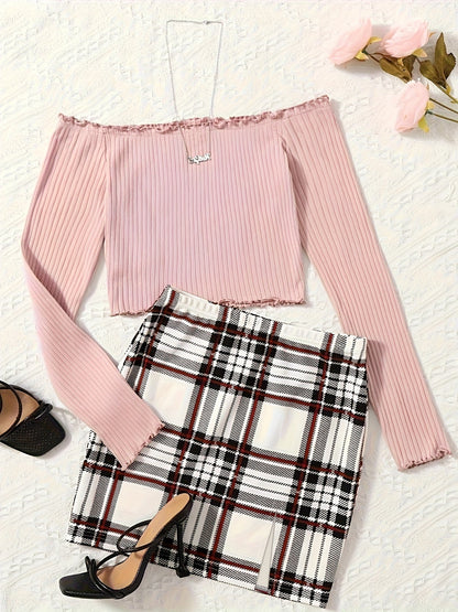 Damen Off-Shoulder Set – Elegantes Party Outfit mit Langarm-Top und Karierter Minirock