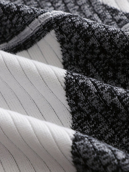 Herren Pullover Langarm Gerippt mit Geometrischem Muster Schwarz Weiß