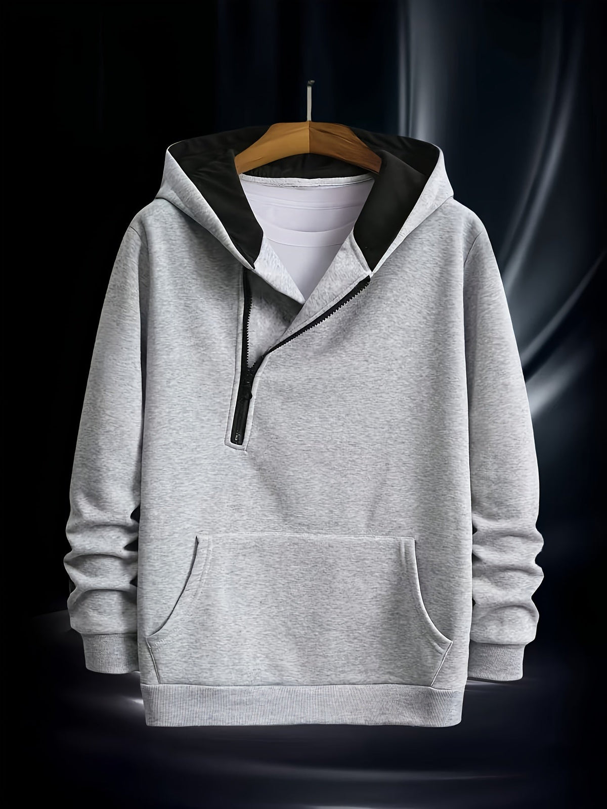 Herren Hoodie mit asymmetrischem Reißverschluss Kapuzenpullover Kängurutasche