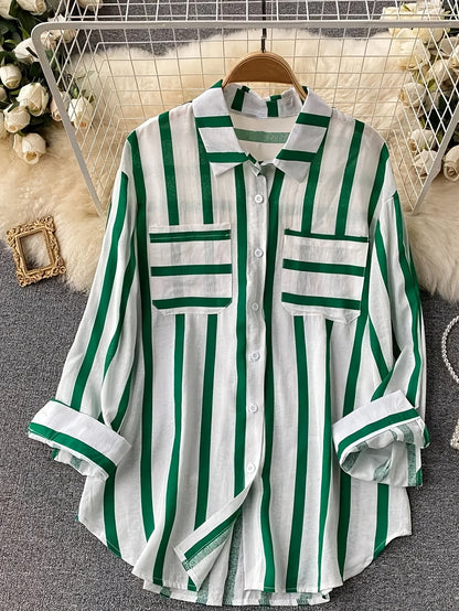 Damen Streifen-Bluse im Boyfriend-Stil mit Knopfleiste und Brusttaschen – Elegante Freizeit- und Businessmode