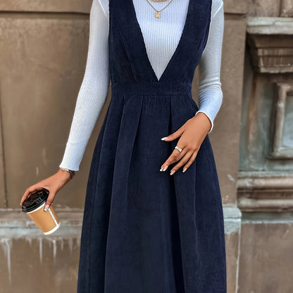 Damen Cord Latzkleid mit V-Ausschnitt – Navyblau