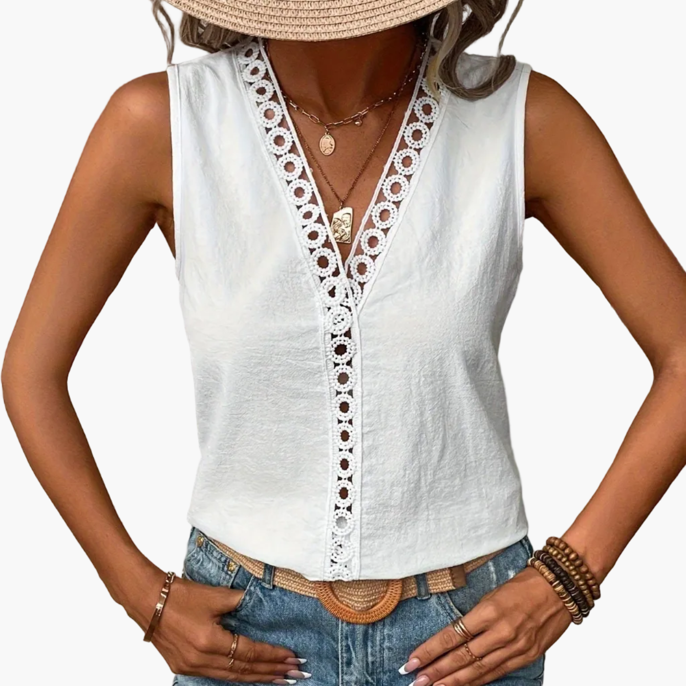 Damen Elegantes Ärmelloses Top mit Spitzendetails und V-Ausschnitt – Perfekt für Sommer und Freizeit