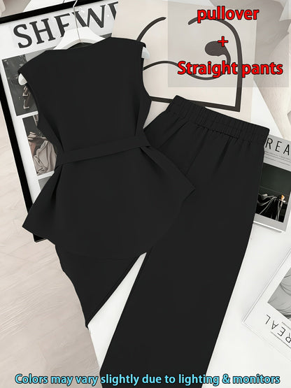 Damen Zweiteiler Set Elegant – Ärmelloses Oberteil mit Gürtel & Gerade Hose, Business & Alltag