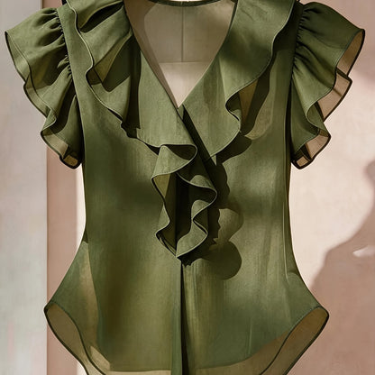 Damen Rüschenbluse mit V-Ausschnitt und Volantärmeln – Elegante Chiffonbluse für Büro und besondere Anlässe