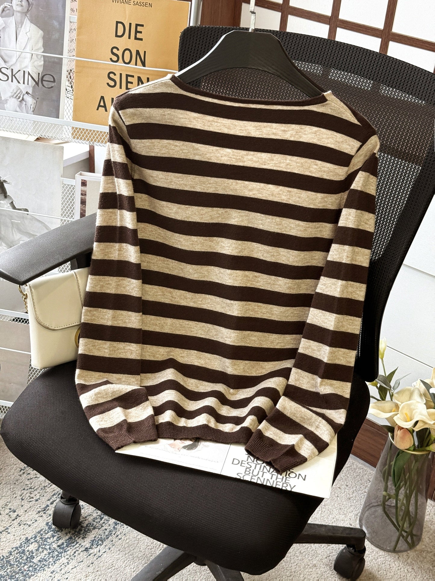 Damen Pullover V-Ausschnitt Gestreift Beige Marineblau Langarm