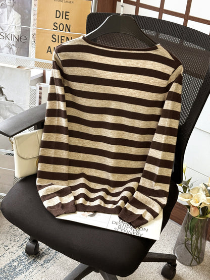 Damen Pullover V-Ausschnitt Gestreift Beige Marineblau Langarm
