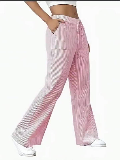 Damen Weite Casual Streifenhose mit Kordelzug – Komfortable Freizeithose für Alltag und Wochenende