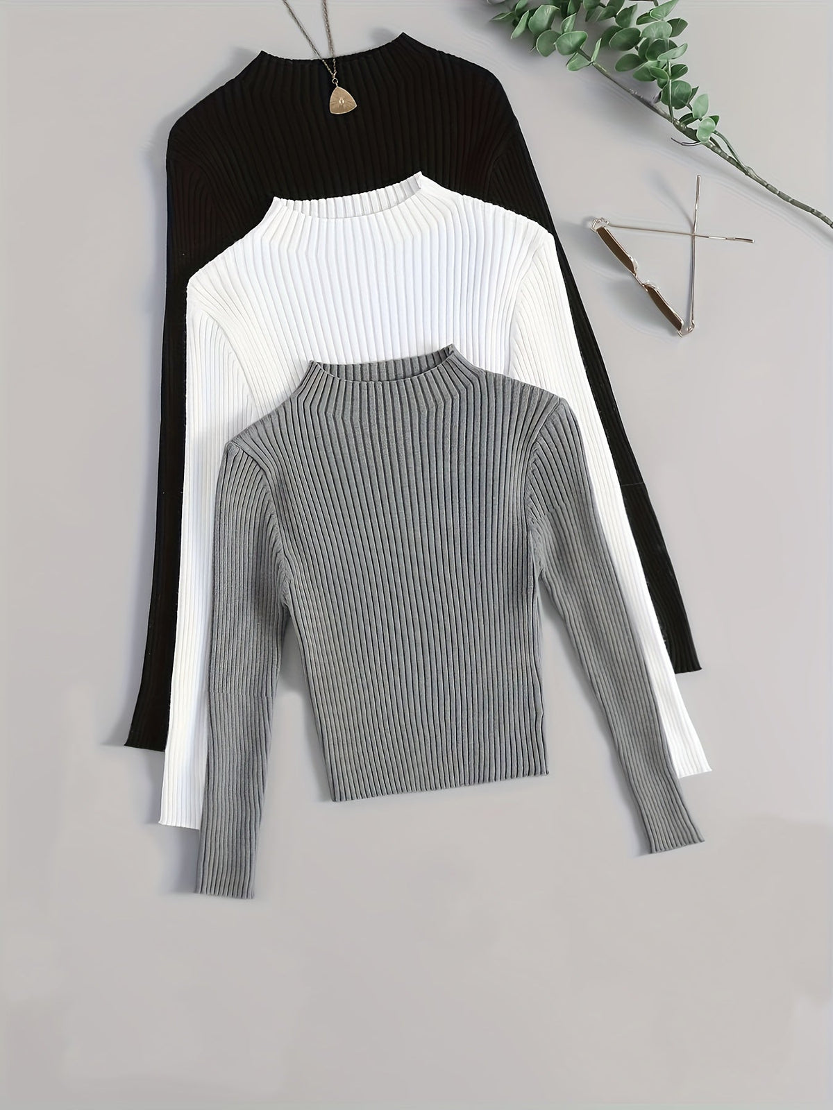 Damen Geripptes Langarm-Top mit Stehkragen, Stretch-Rippstrick-Pullover in verschiedenen Farben