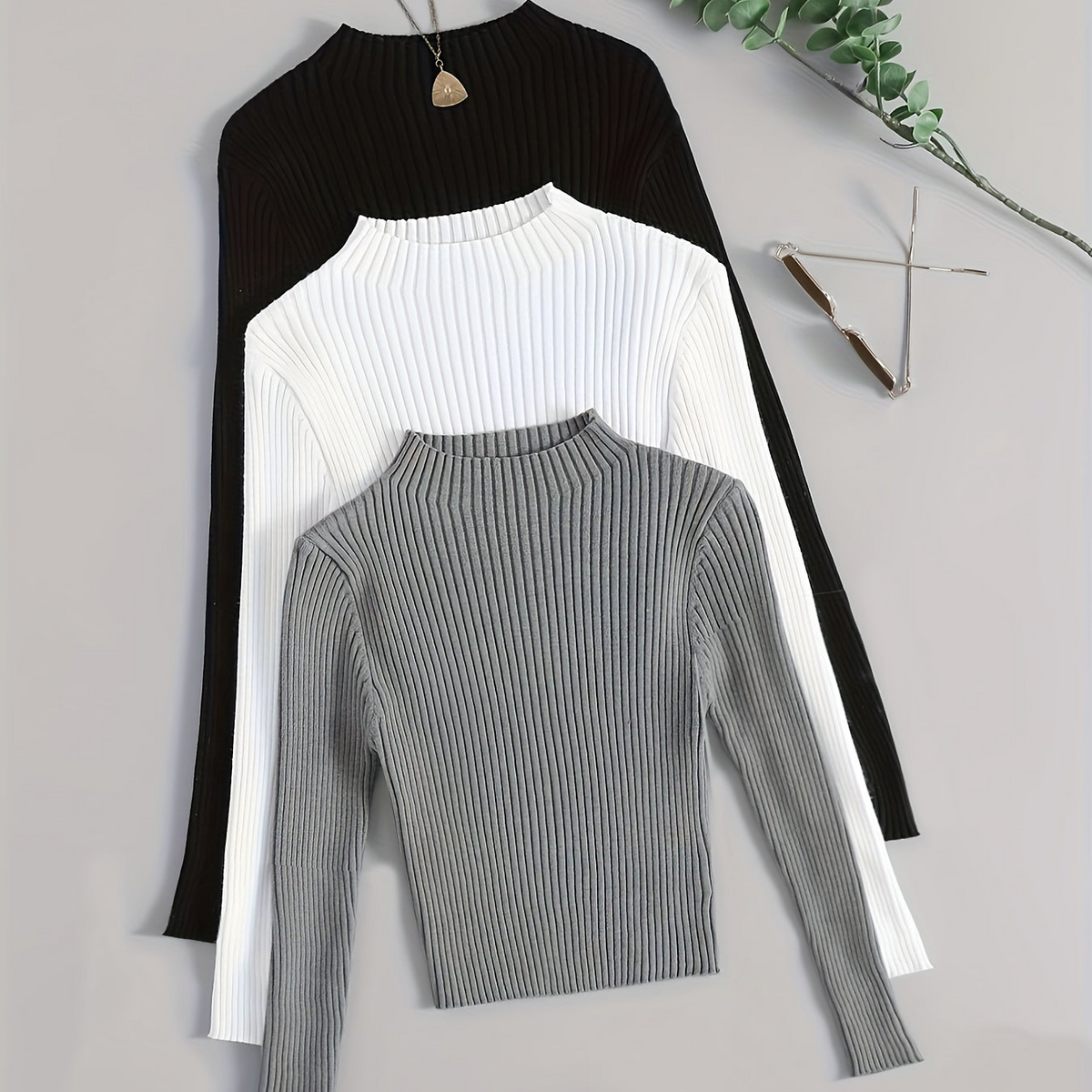 Damen Geripptes Langarm-Top mit Stehkragen, Stretch-Rippstrick-Pullover in verschiedenen Farben