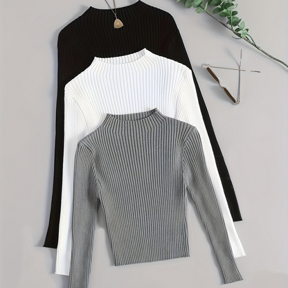 Damen Geripptes Langarm-Top mit Stehkragen, Stretch-Rippstrick-Pullover in verschiedenen Farben