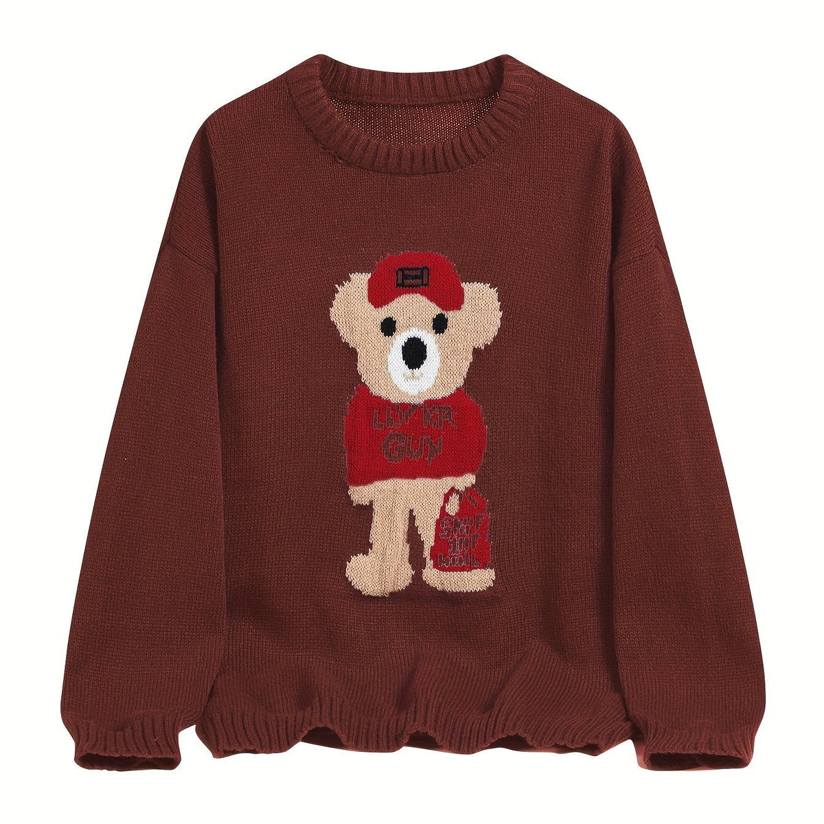 Unisex Strickpullover mit Teddybär-Muster Rundhalsausschnitt Langarm