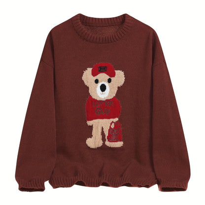 Unisex Strickpullover mit Teddybär-Muster Rundhalsausschnitt Langarm