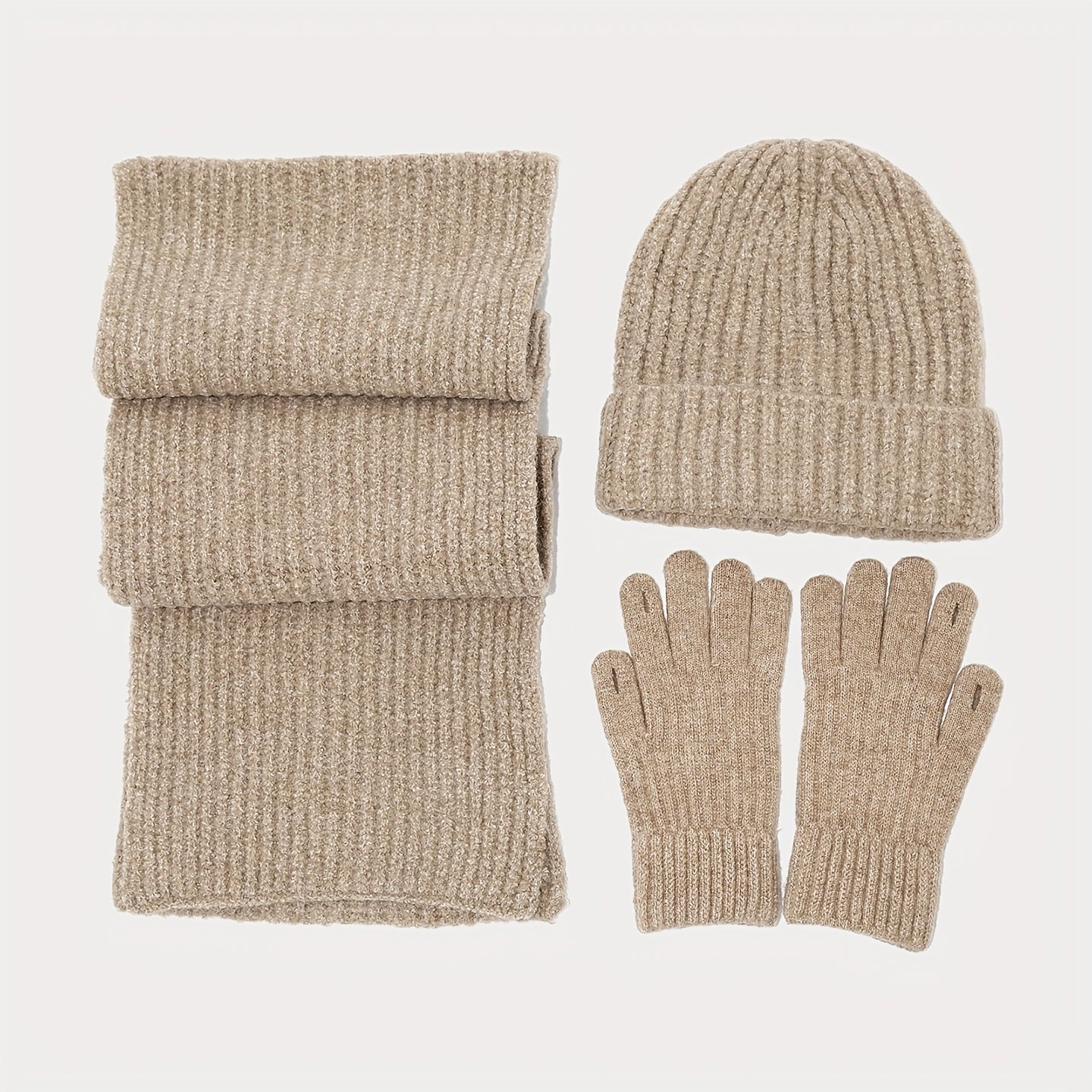 Geripptes Strickmützen-Schal-Handschuh-Set, Winter Accessoire Set in Uni-Farben