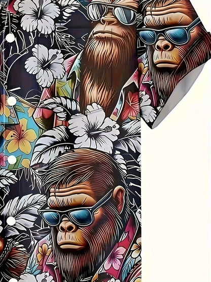 Herren Hawaiihemd mit Gorillamotiv und tropischem Print – Lustiges Sommer Freizeithemd