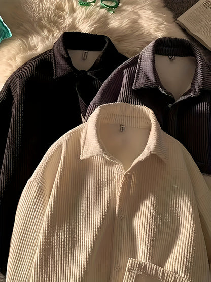 Korduroy Hemdjacke für Damen - Oversize Kordhemd mit Kragen, Schwarz oder Apricot