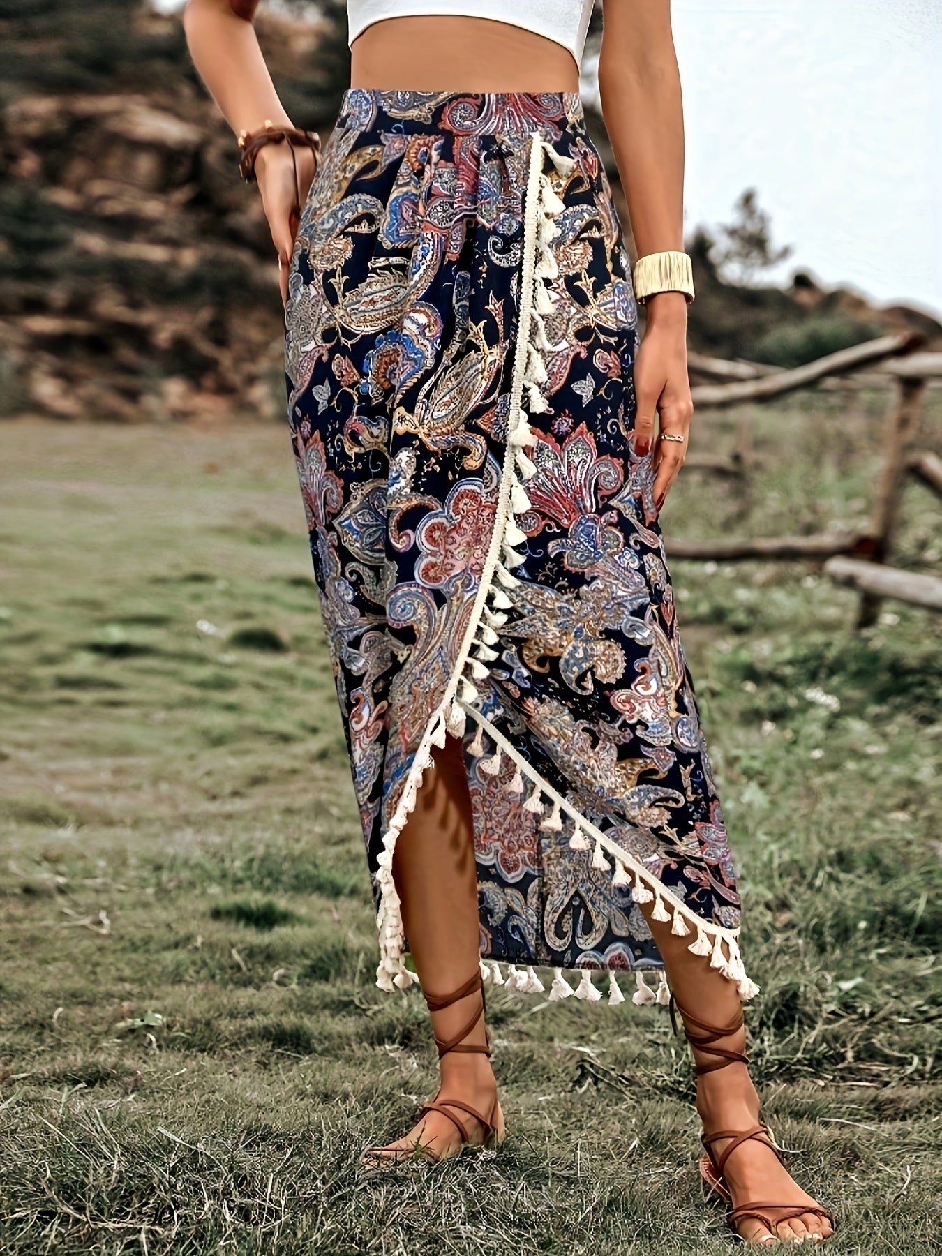 Damen Boho-Wickelrock mit Paisley-Muster und Quasten, Midi, Vintage-Stil, Elegant für Freizeit und Urlaub
