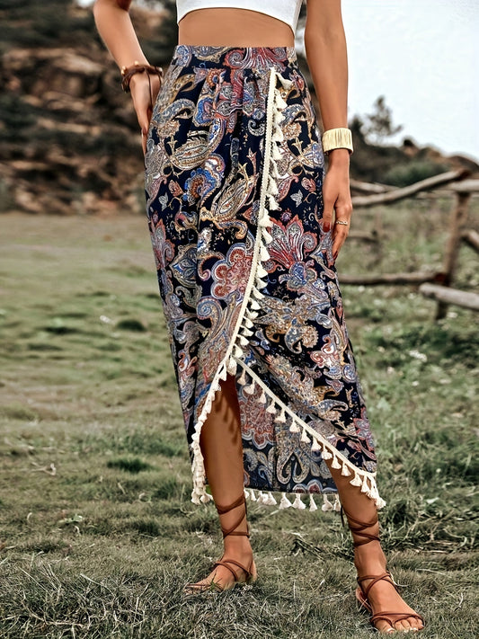 Damen Boho-Wickelrock mit Paisley-Muster und Quasten, Midi, Vintage-Stil, Elegant für Freizeit und Urlaub