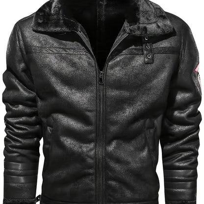 Herren Jacke mit Kunstfellkragen und Reißverschluss – Pilotenstil, Braun/Schwarz