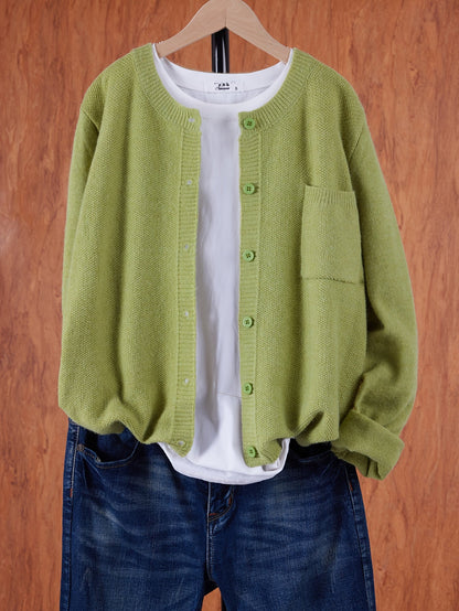 Damen Strick Cardigan Rundhals Langarm Strickjacke mit Knöpfen und Brusttasche