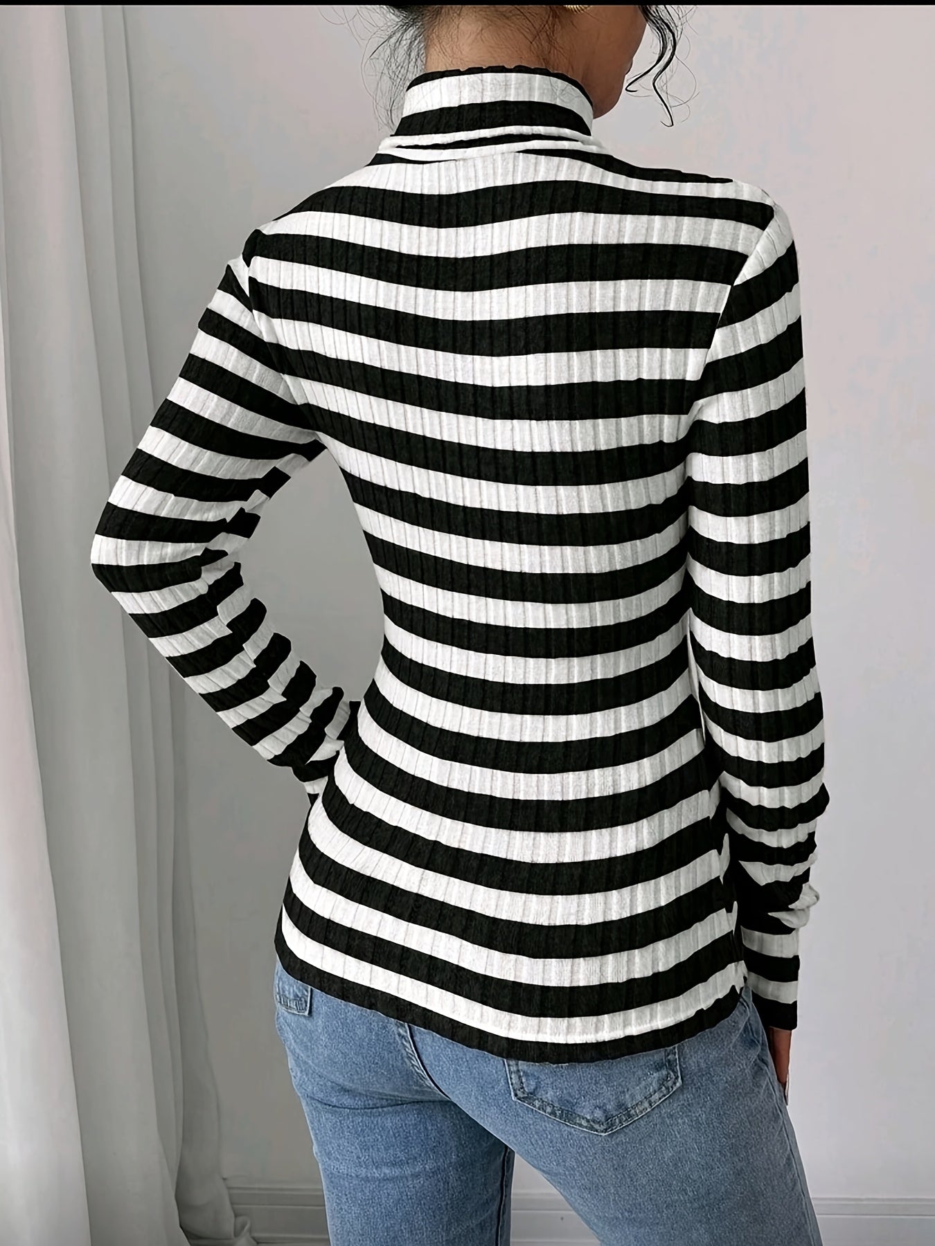 Damen Rollkragenpullover Gerippt Gestreift Langarm Oberteil