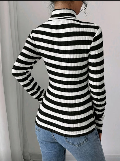 Damen Rollkragenpullover Gerippt Gestreift Langarm Oberteil