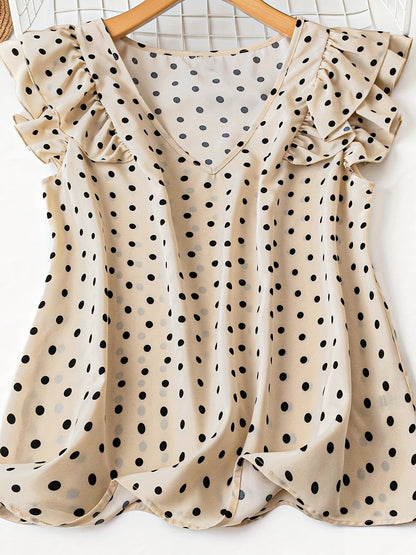 Damen Polka Dot Bluse mit Volantärmeln und V-Ausschnitt – Eleganter Freizeit- und Büro-Look