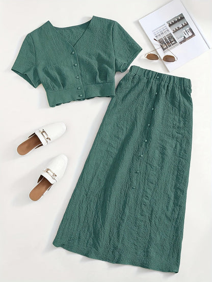 Damen Zweiteiliges Set mit Kurzarm Crop Top und Knopfleiste, Eleganter A-Linien Midi Rock, Modischer Freizeit-Look