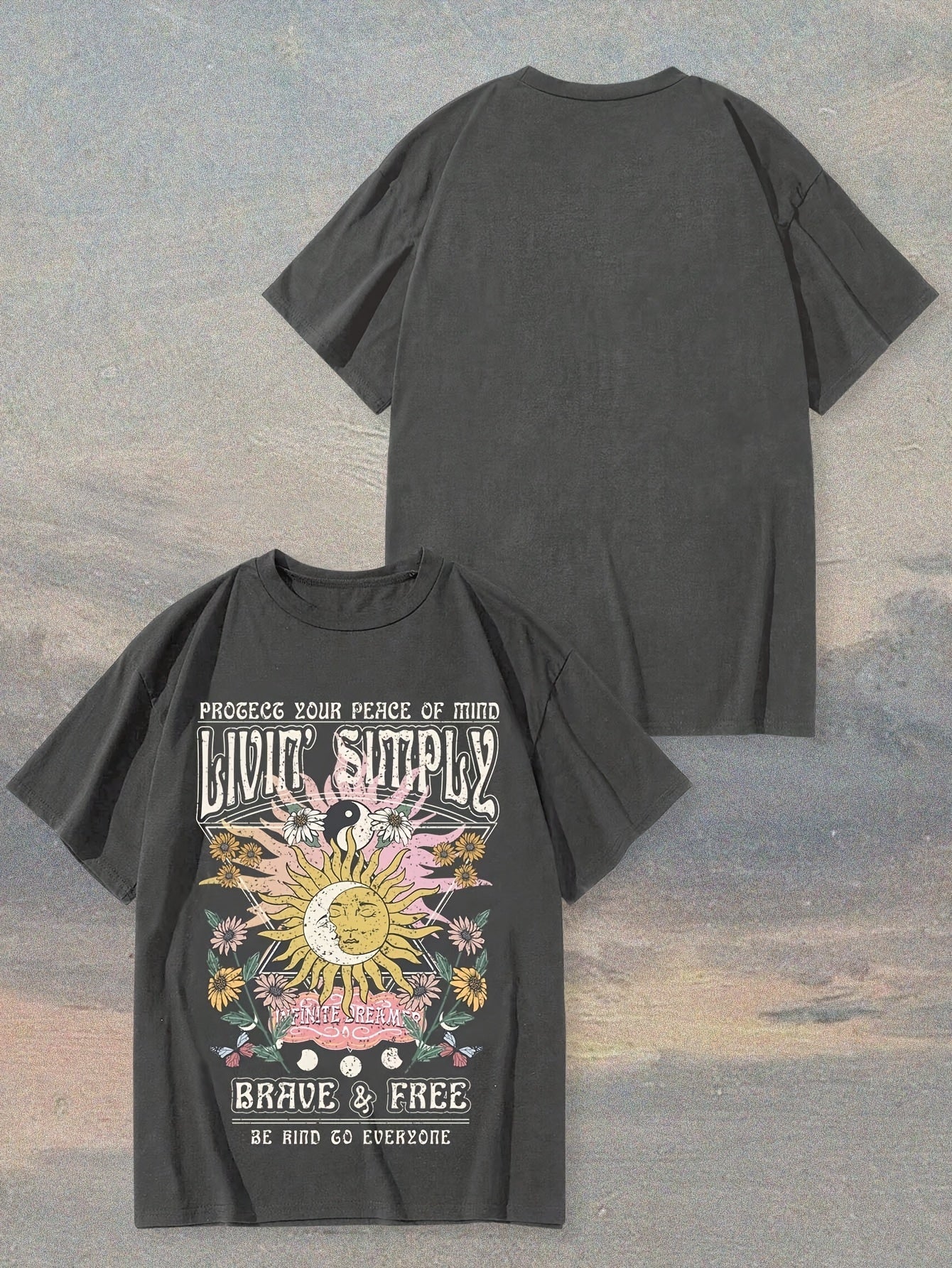 Damen T-Shirt im Boho-Stil mit Sonnendruck und inspirierendem Spruch – Freizeit & Yoga