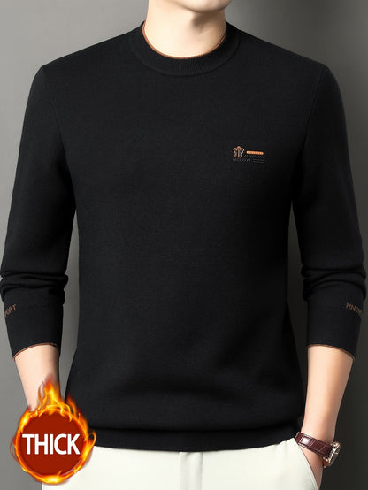 Herren Pullover Rundhals Langarm Strickpullover Warmgefüttert mit Rippbündchen