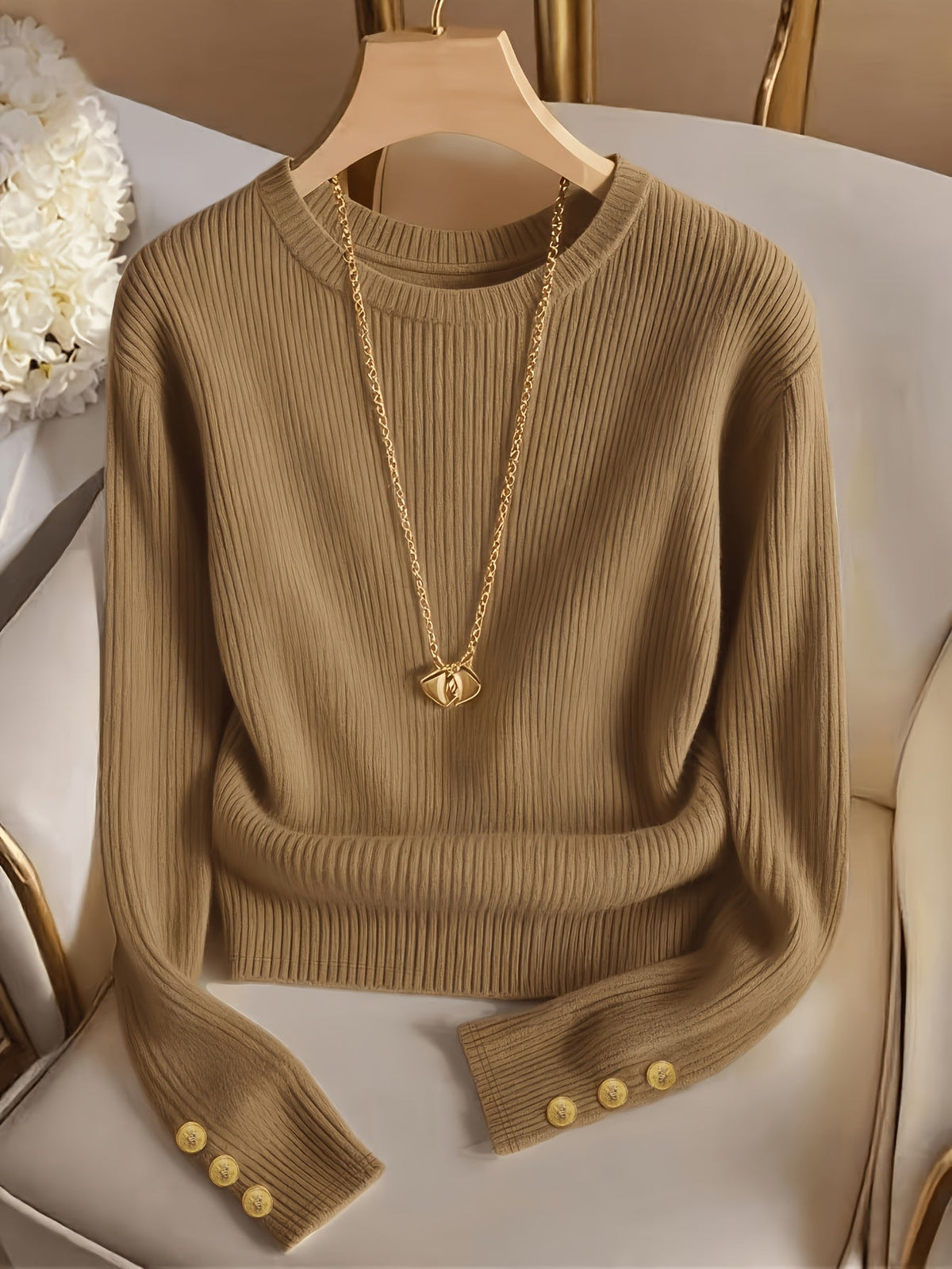 Damen Gerippter Strickpullover Rundhals mit Knöpfen Ärmel Braun