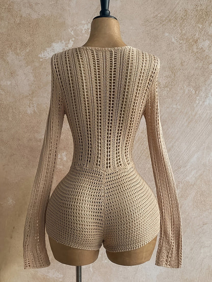 Damen Boho Strick-Jumpsuit mit tiefem Ausschnitt und Schnürung – Eleganter Einteiler für Strand & Urlaub