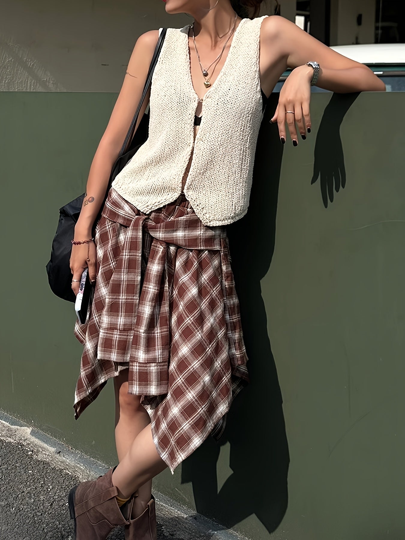 Damen Asymmetrischer Streetstyle-Rock mit Karo-Design und Knotendetail