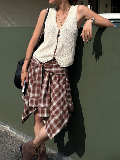 Damen Asymmetrischer Streetstyle-Rock mit Karo-Design und Knotendetail