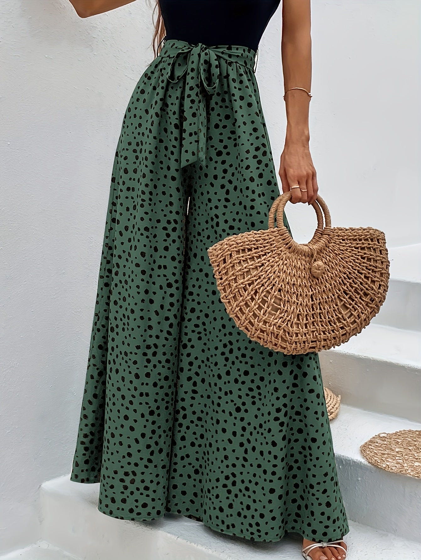 Damen Elegante Weitbeinige Palazzo-Hose mit Gürtel und Punktemuster – Perfekt für Freizeit und Sommer