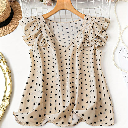 Damen Polka Dot Bluse mit Volantärmeln und V-Ausschnitt – Eleganter Freizeit- und Büro-Look