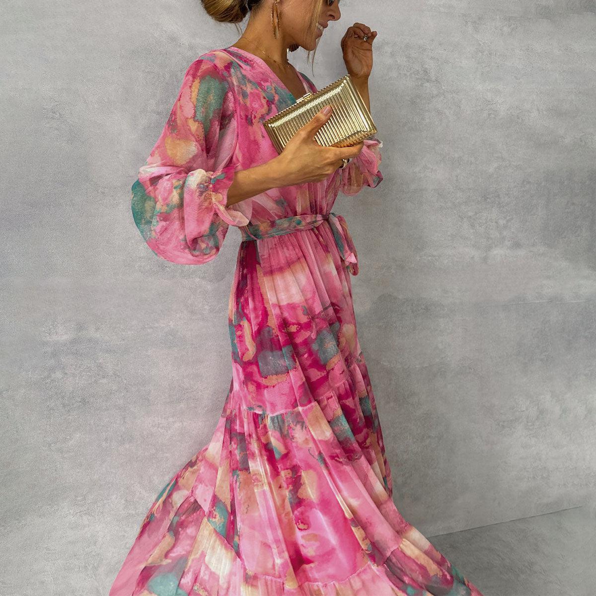 Jenny – Elegantes Chiffon-Kleid mit Kordelzug und Patchwork