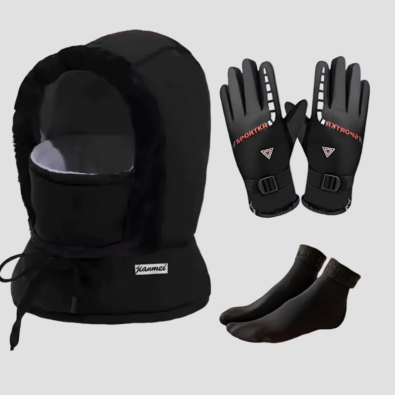 Winter Outdoor Set: Sturmhaube mit Futter, Warme Handschuhe & Socken für Damen & Herren – Winddicht & Kälteschutz