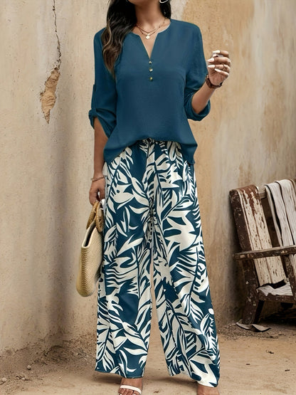 Damen Elegantes Set mit Bluse und Weitbeiniger Hose – Perfekt für Sommer und Freizeit